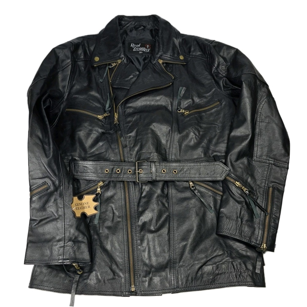 Real Leather‎ Jacket Large Black Cafe Racer Moto Biker Zip Stand Collar Classic
